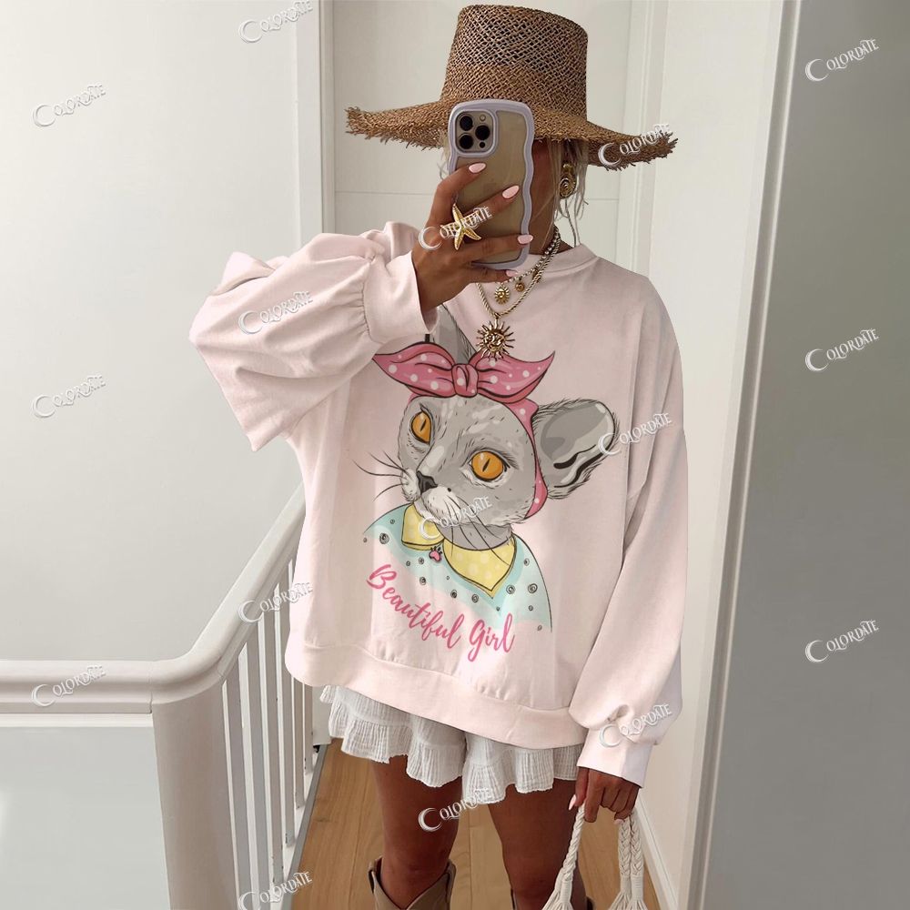 Colordate Women's Cute Cat Print Casual Crew Neck Sweatshirt
