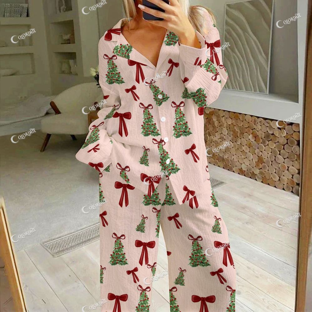 Colordate Women's Christmas Tree And Bow Print Cardigan Homewear Set