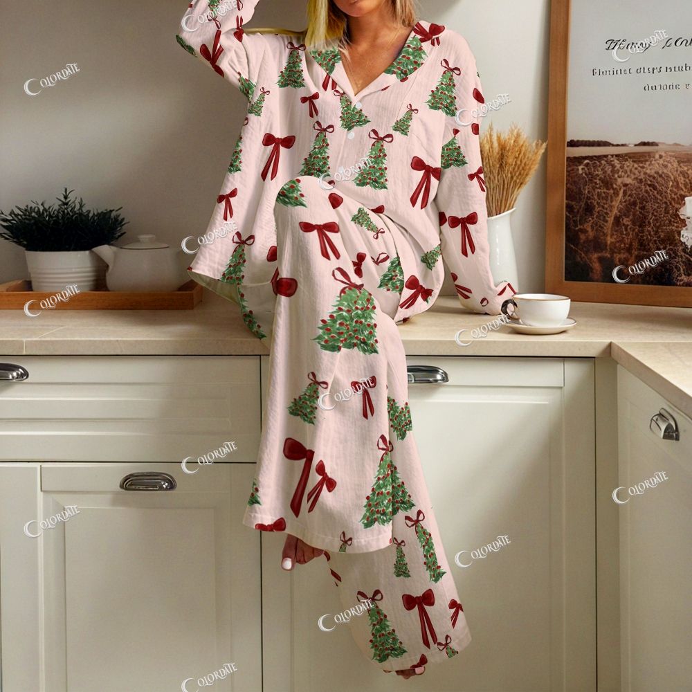 Colordate Women's Christmas Tree And Bow Print Cardigan Homewear Set