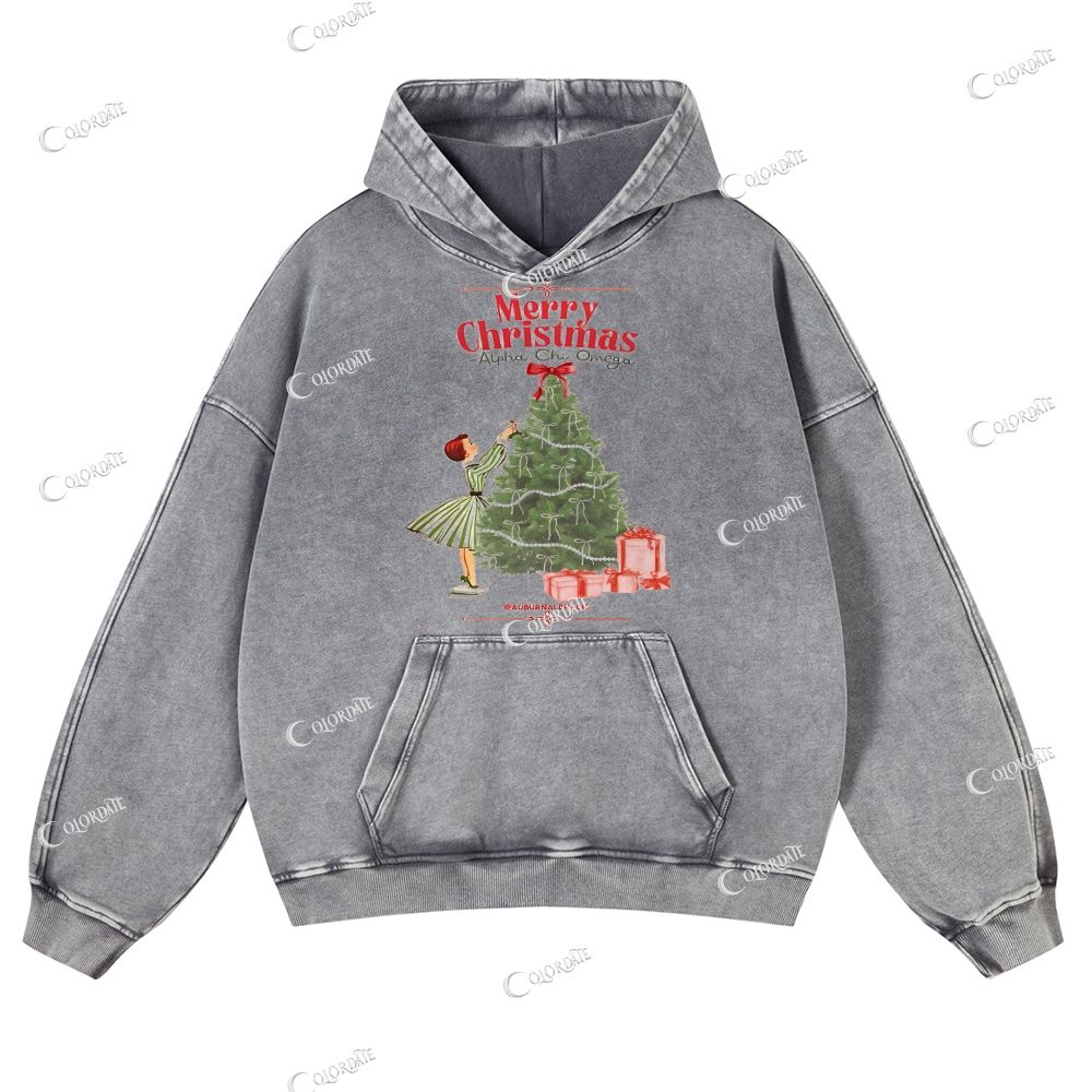 Casual Decorate Christmas Tree Washed Hoodie