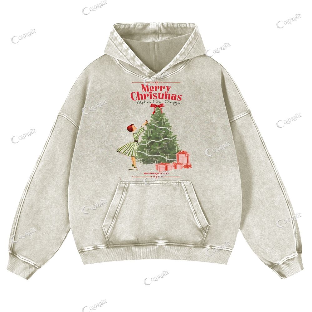 Casual Decorate Christmas Tree Washed Hoodie