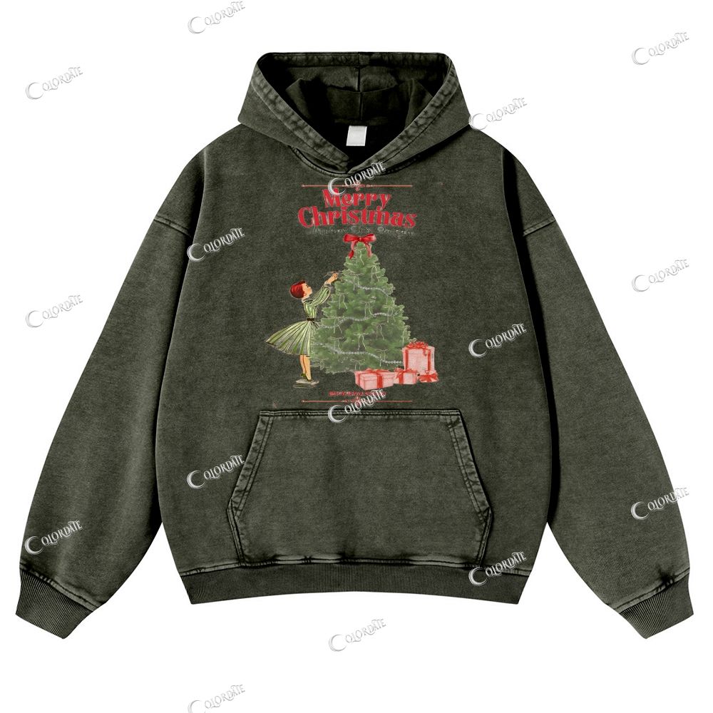 Casual Decorate Christmas Tree Washed Hoodie