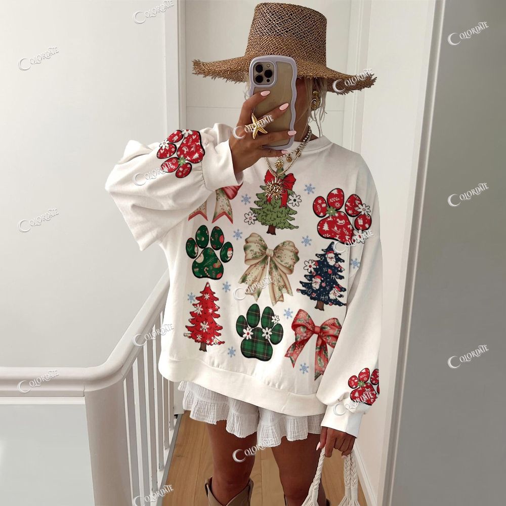 Colordate Women's Bows And Christmas Tree Prints Casual Crew Neck Sweatshirt
