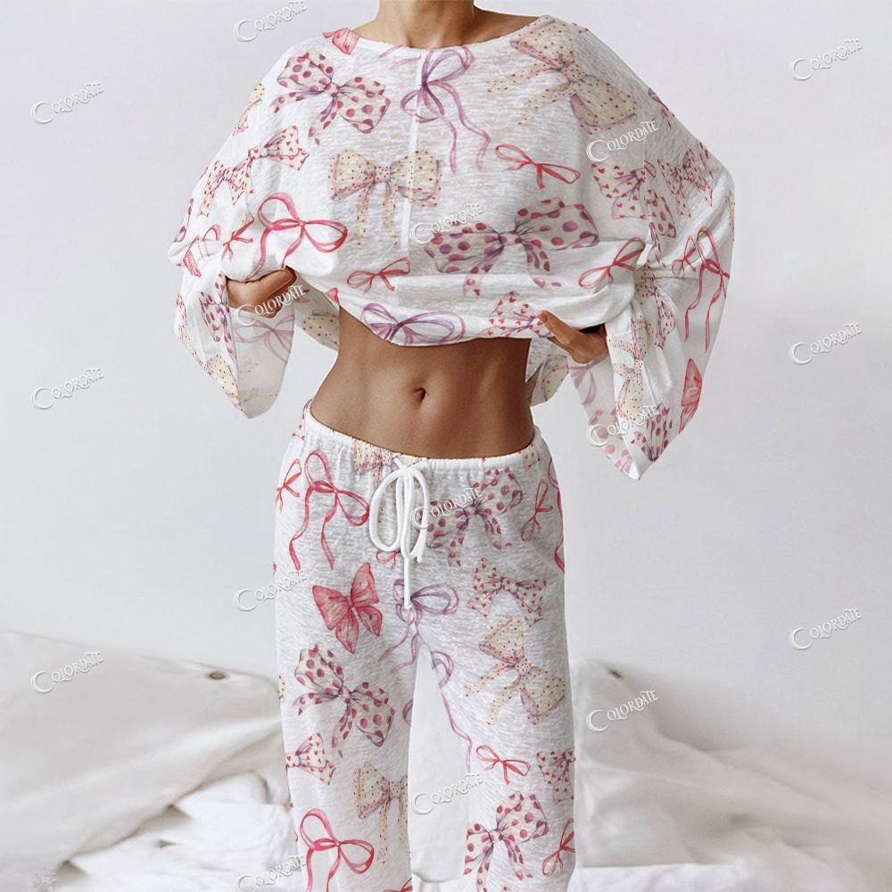 Colordate Women's Bow Print Long Sleeve Cotton Homewear Set