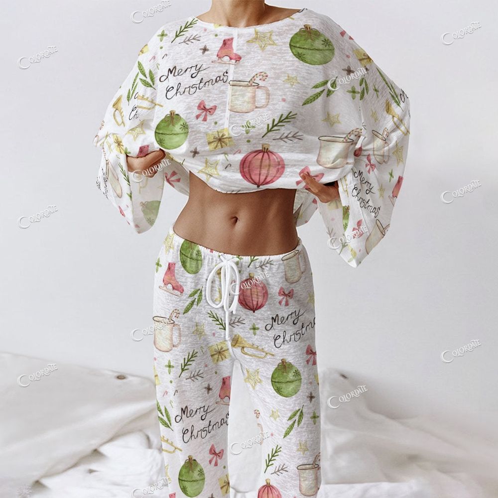 Colordate Women's Christmas Ball Print Long Sleeve Cotton Homewear Set