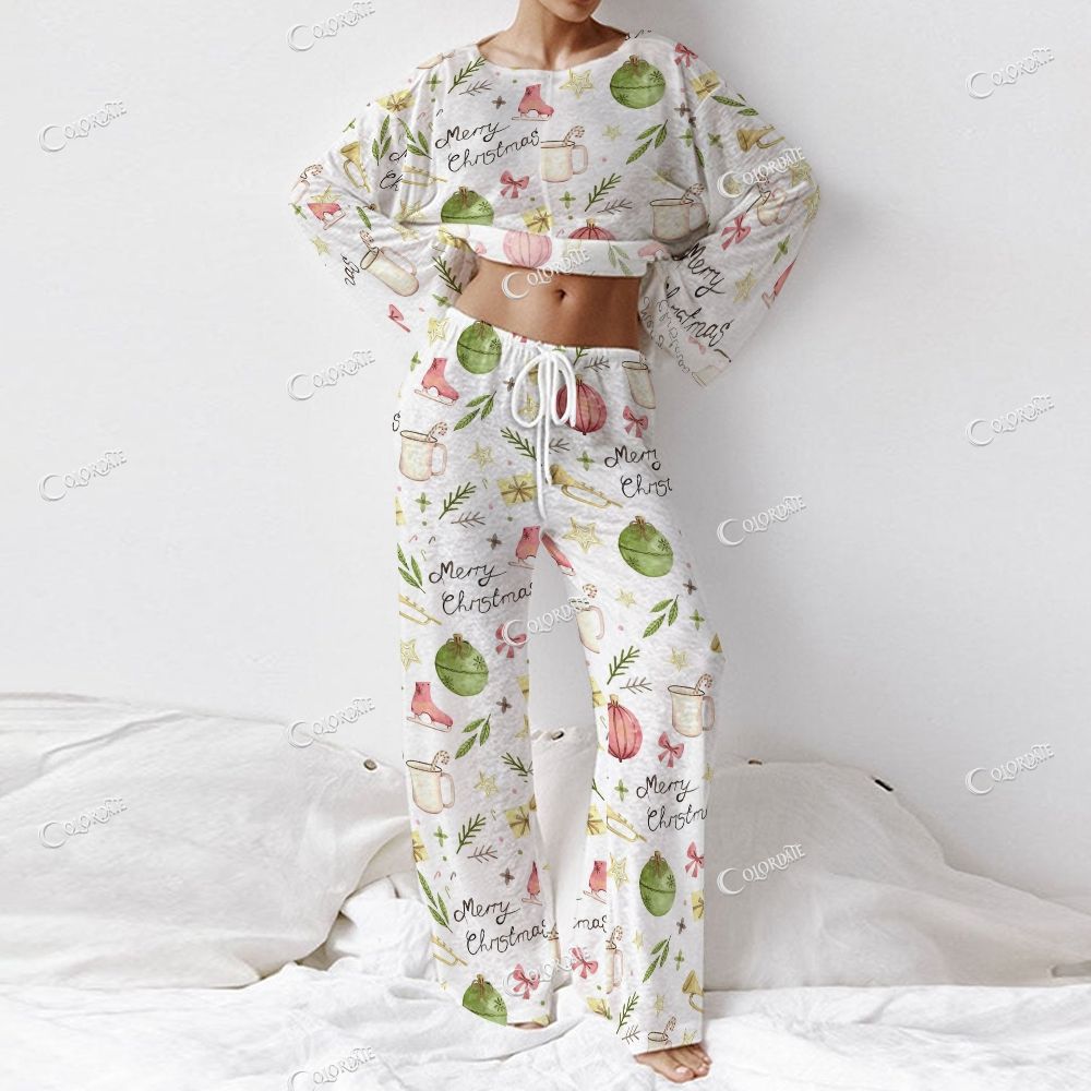 Colordate Women's Christmas Ball Print Long Sleeve Cotton Homewear Set