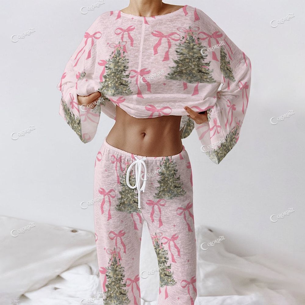 Colordate Women's Bows And Christmas Tree Prints Long Sleeve Cotton Homewear Set