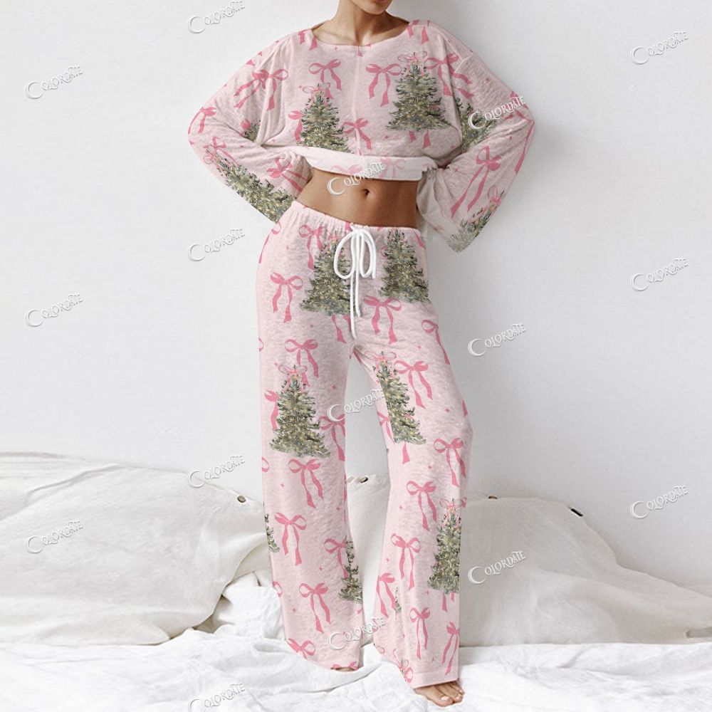 Colordate Women's Bows And Christmas Tree Prints Long Sleeve Cotton Homewear Set