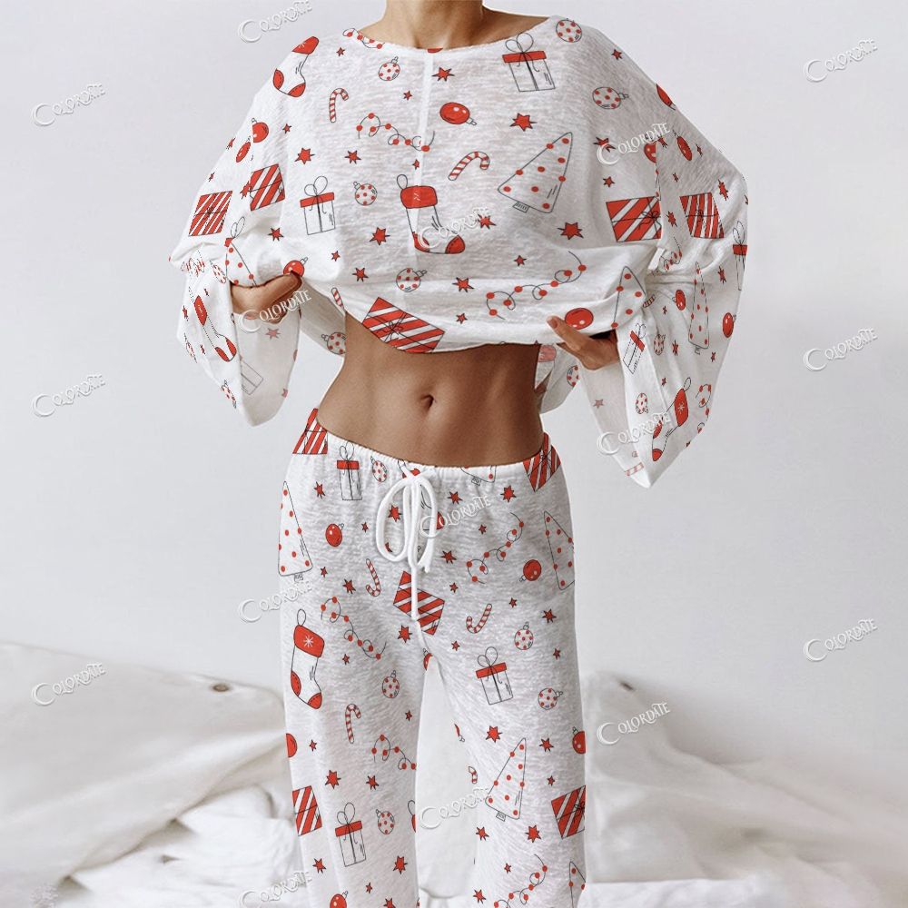 Colordate Women's Red Christmas Pattern Print Long Sleeve Cotton Homewear Set