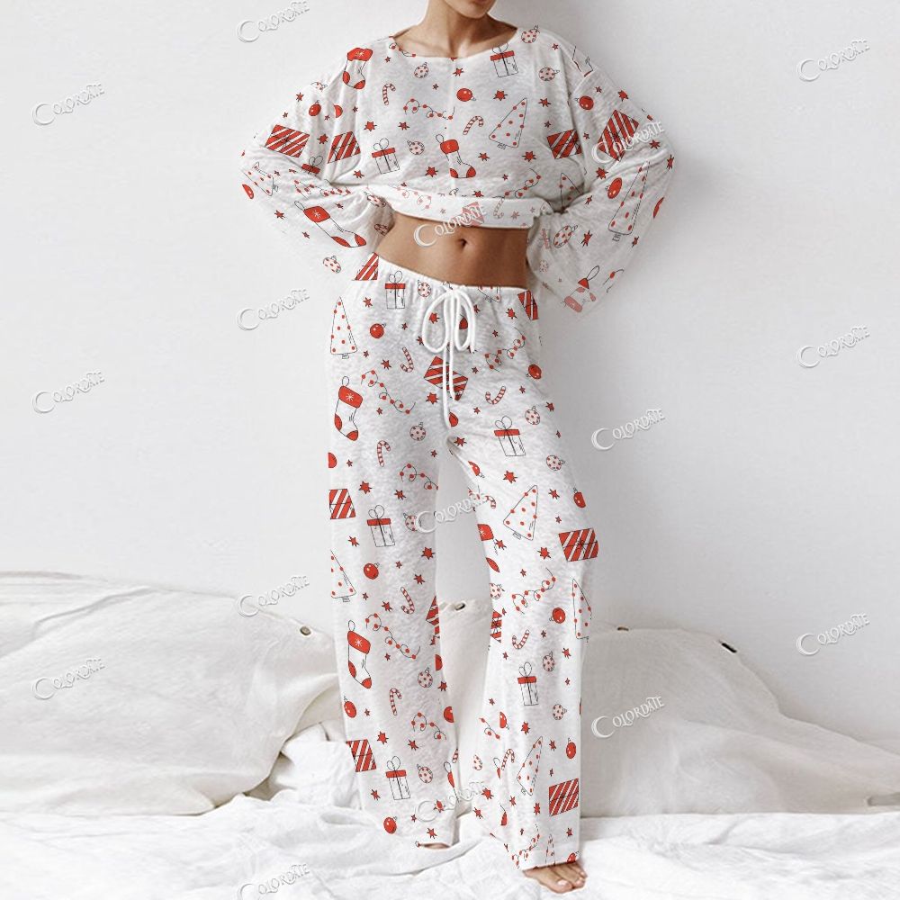 Colordate Women's Red Christmas Pattern Print Long Sleeve Cotton Homewear Set