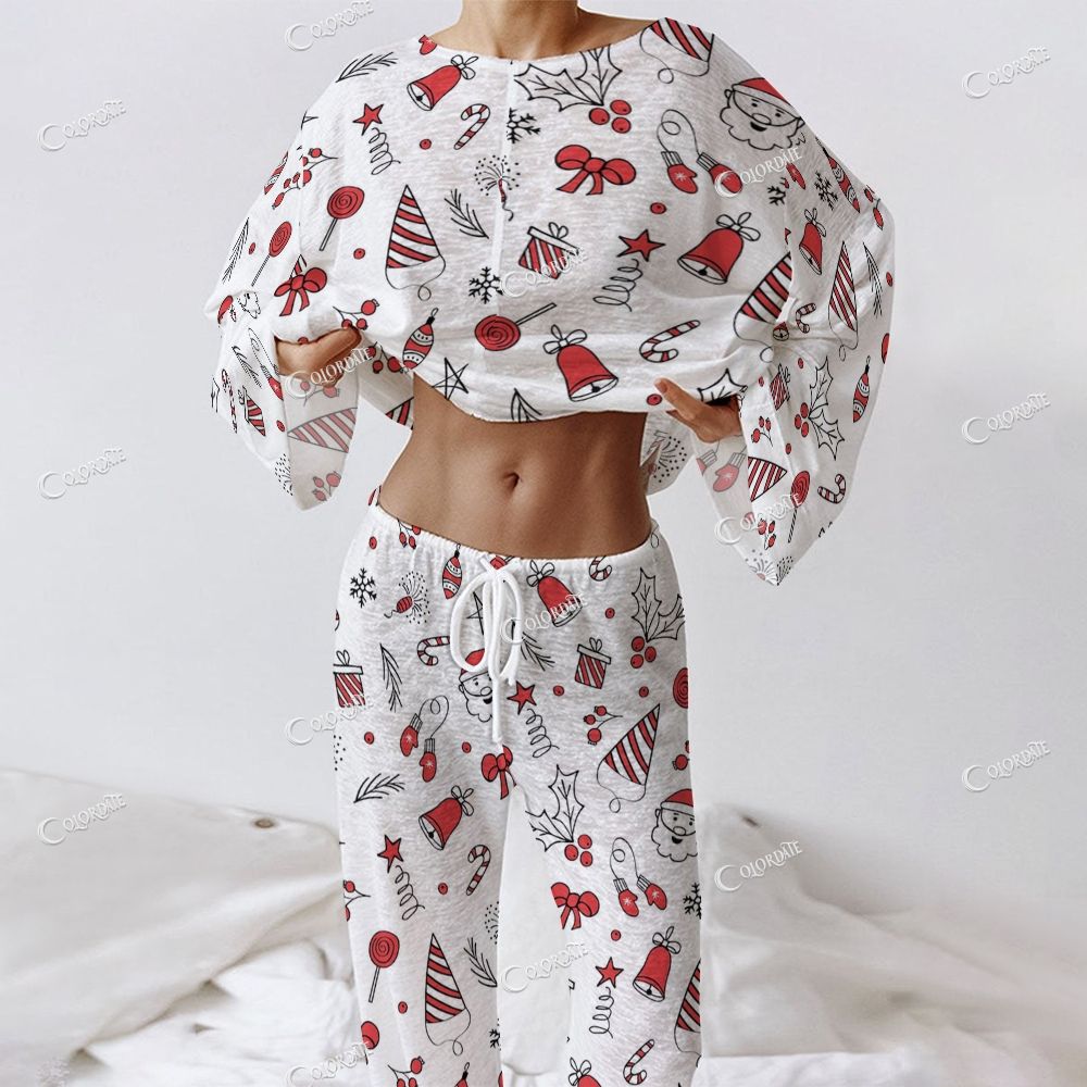 Colordate Women's Christmas Pattern Print Long Sleeve Cotton Homewear Set