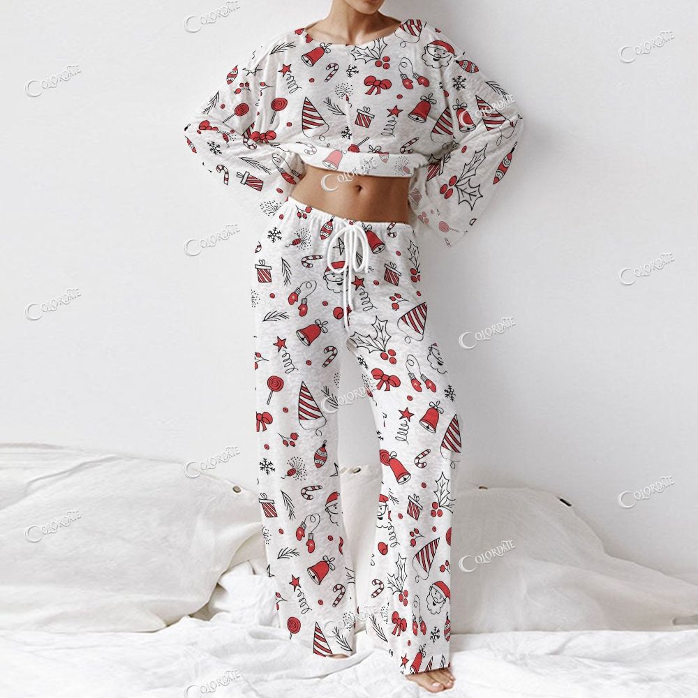 Colordate Women's Christmas Pattern Print Long Sleeve Cotton Homewear Set
