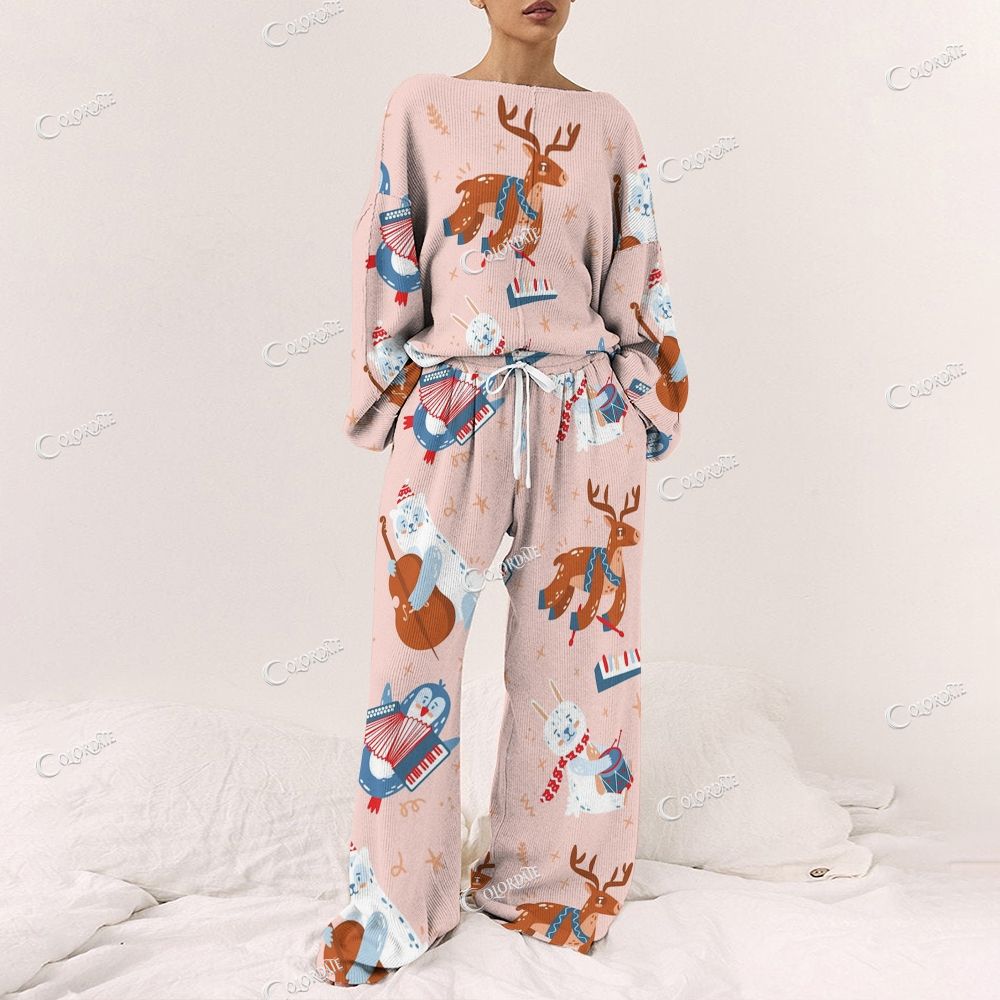 Colordate Women's Elk Print Long Sleeve Pajama Set