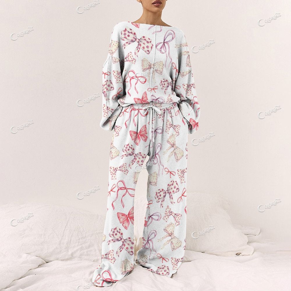 Colordate Women's Bow Print Long Sleeve Pajama Set