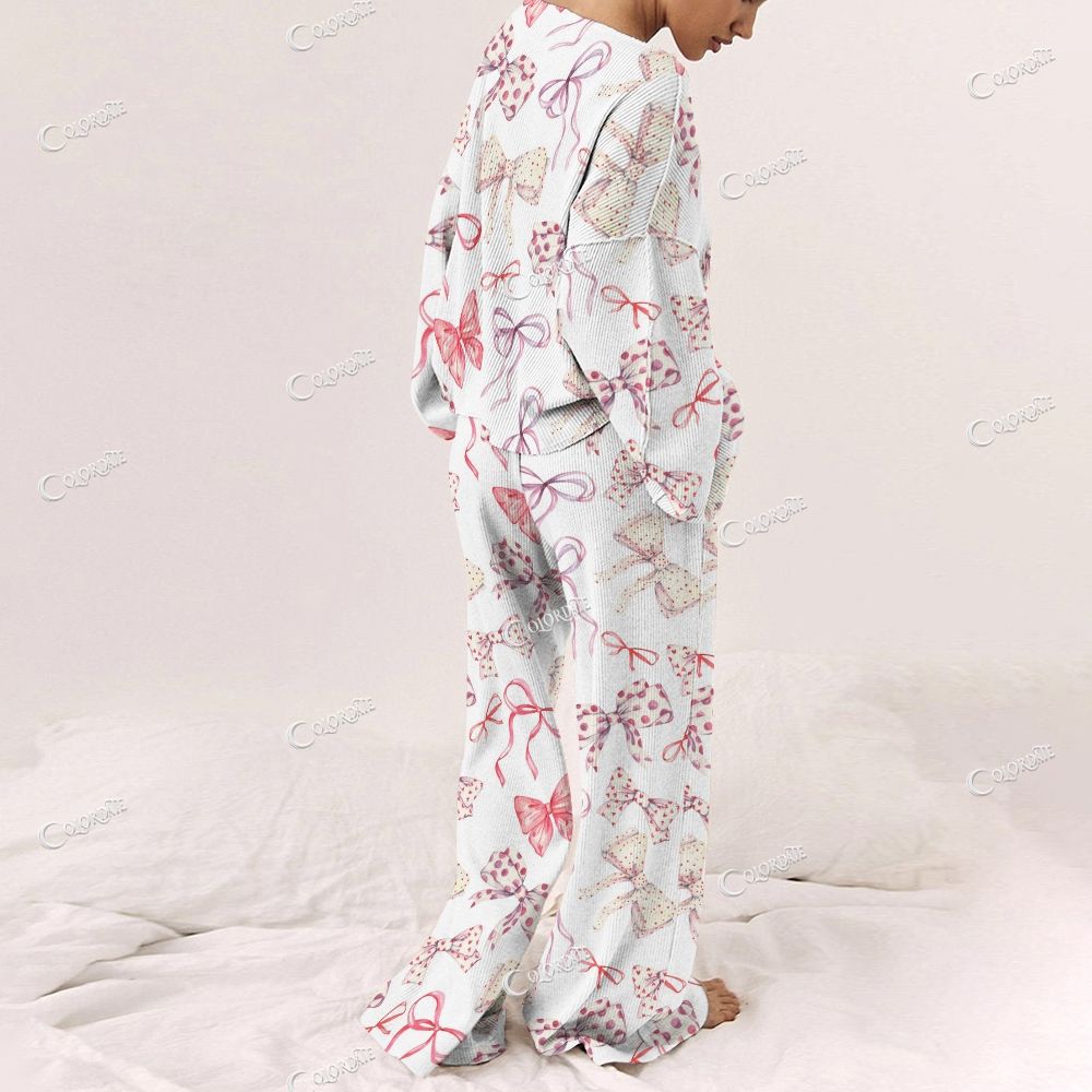 Colordate Women's Bow Print Long Sleeve Pajama Set