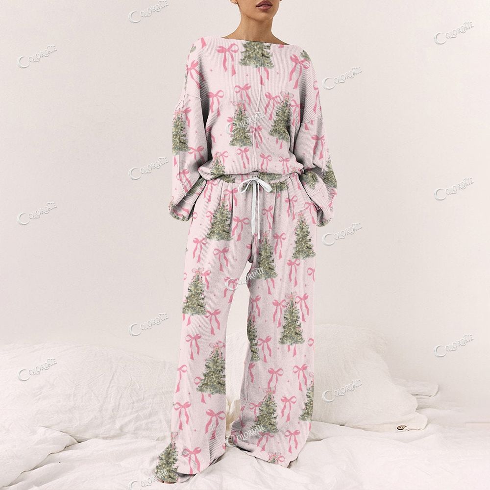 Colordate Women's Bows And Christmas Trees Print Long Sleeve Pajama Set