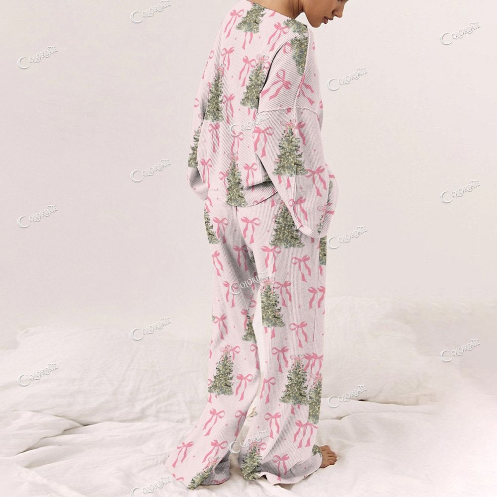 Colordate Women's Bows And Christmas Trees Print Long Sleeve Pajama Set