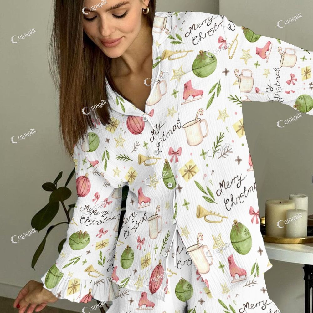 Colordate Women's Watercolor Christmas Patterns Vintage Printed Suit