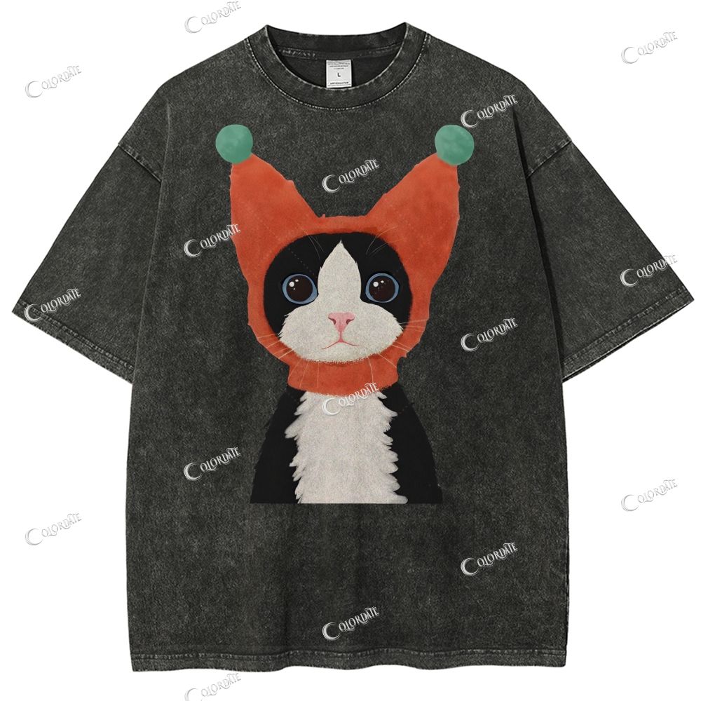 Unisex  Cute Cat Printed Washed Tee