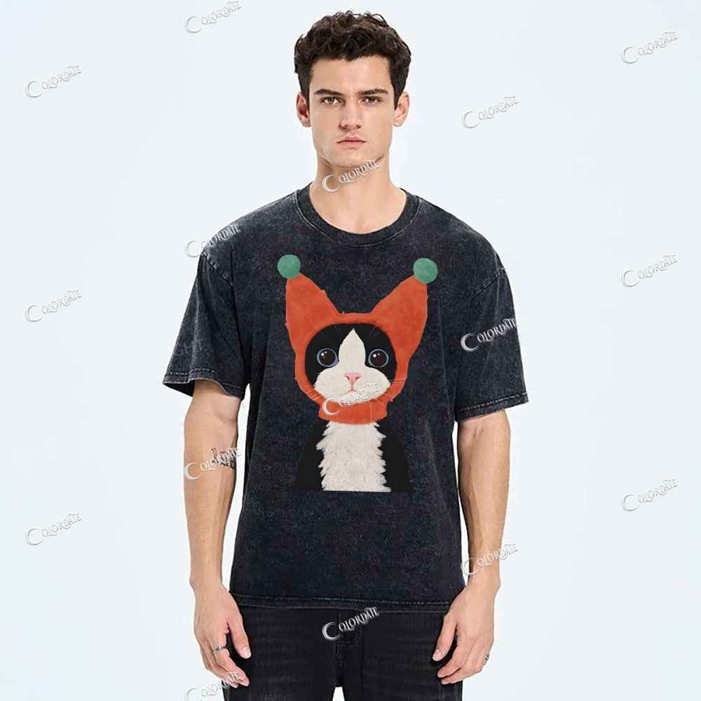 Unisex  Cute Cat Printed Washed Tee