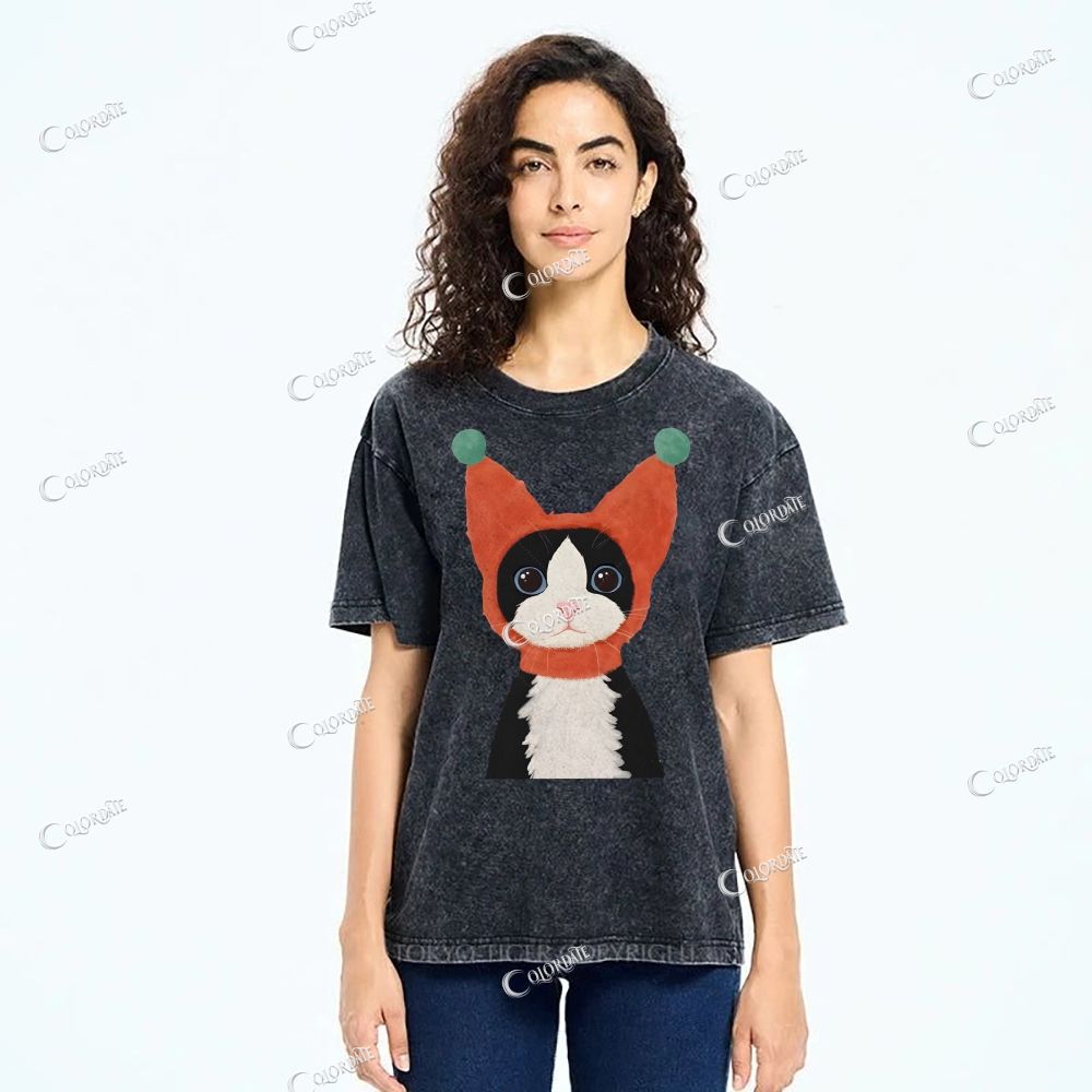 Unisex  Cute Cat Printed Washed Tee