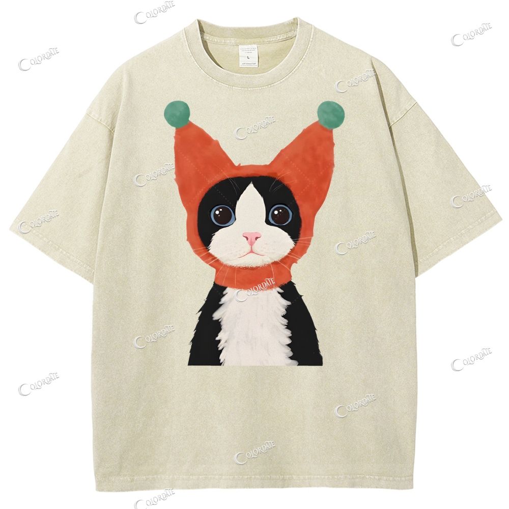 Unisex  Cute Cat Printed Washed Tee