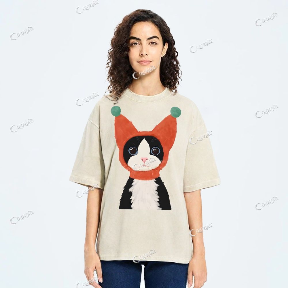 Unisex  Cute Cat Printed Washed Tee