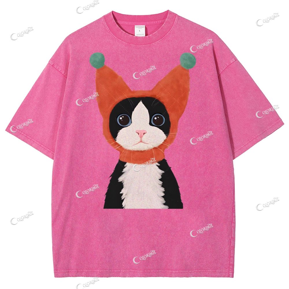 Unisex  Cute Cat Printed Washed Tee