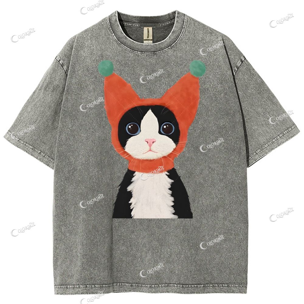 Unisex  Cute Cat Printed Washed Tee