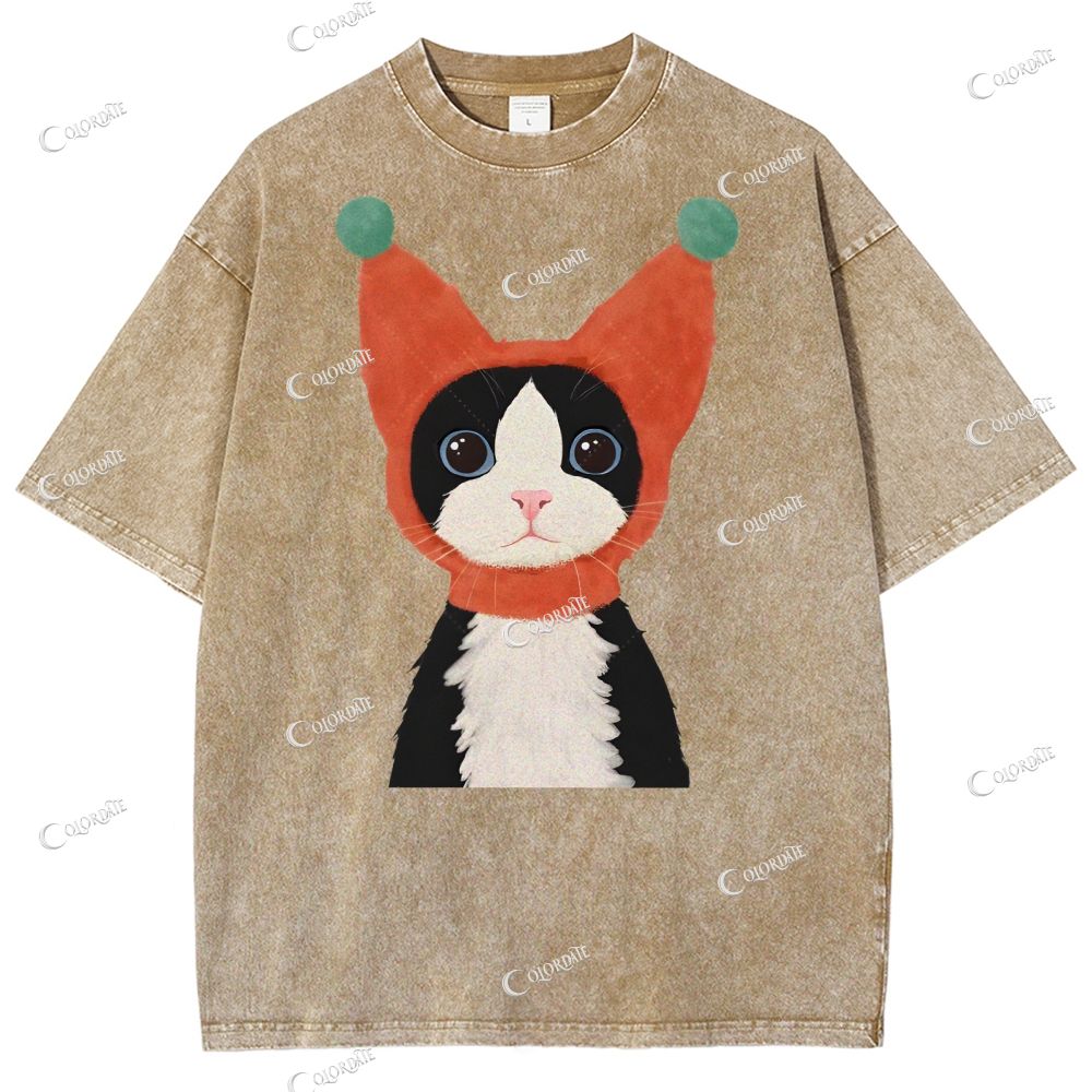Unisex  Cute Cat Printed Washed Tee