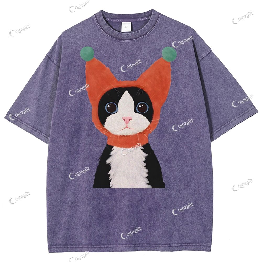 Unisex  Cute Cat Printed Washed Tee
