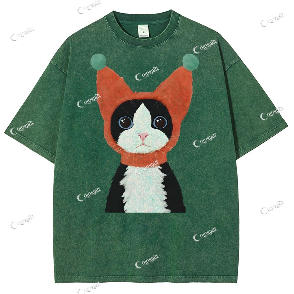 Unisex  Cute Cat Printed Washed Tee
