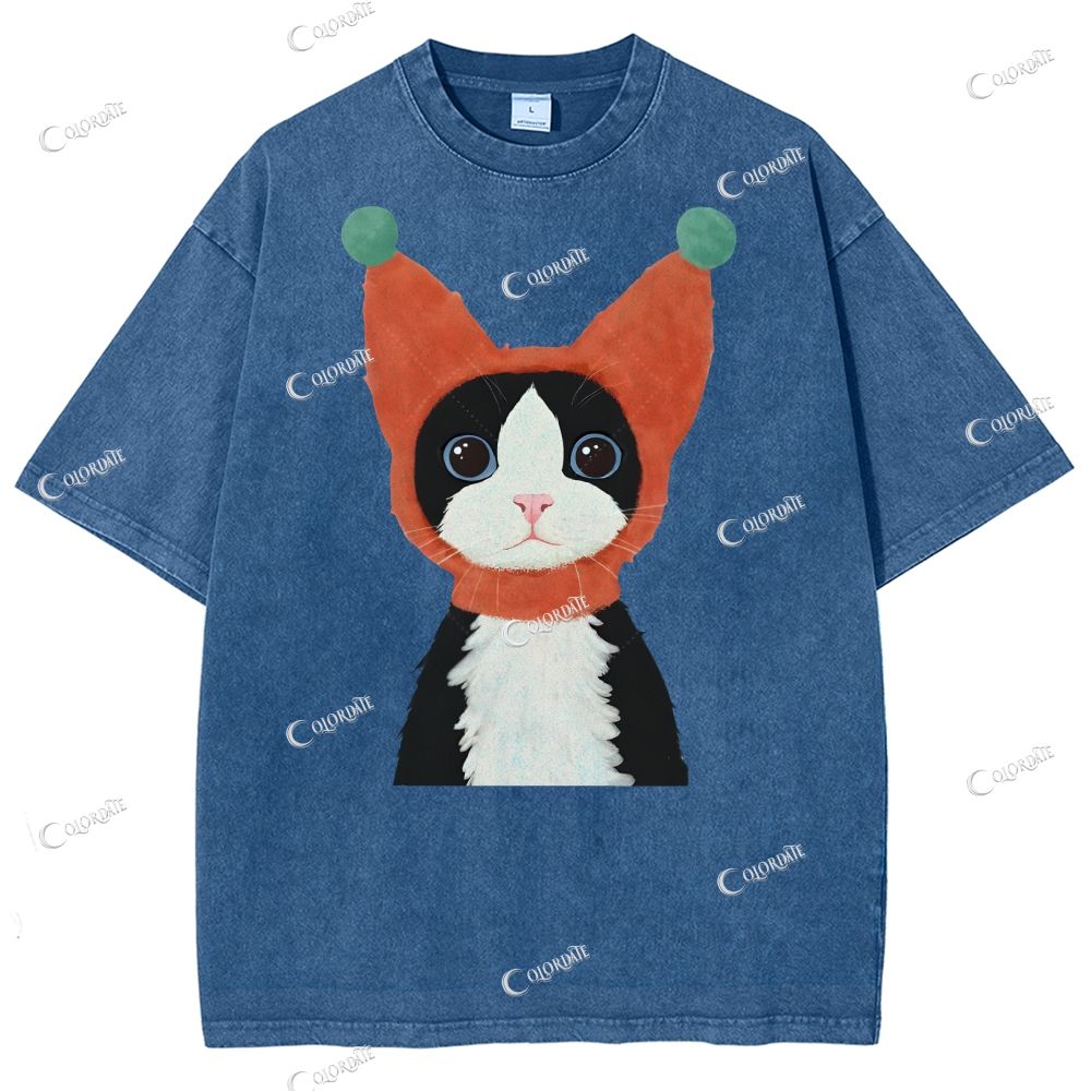Unisex  Cute Cat Printed Washed Tee