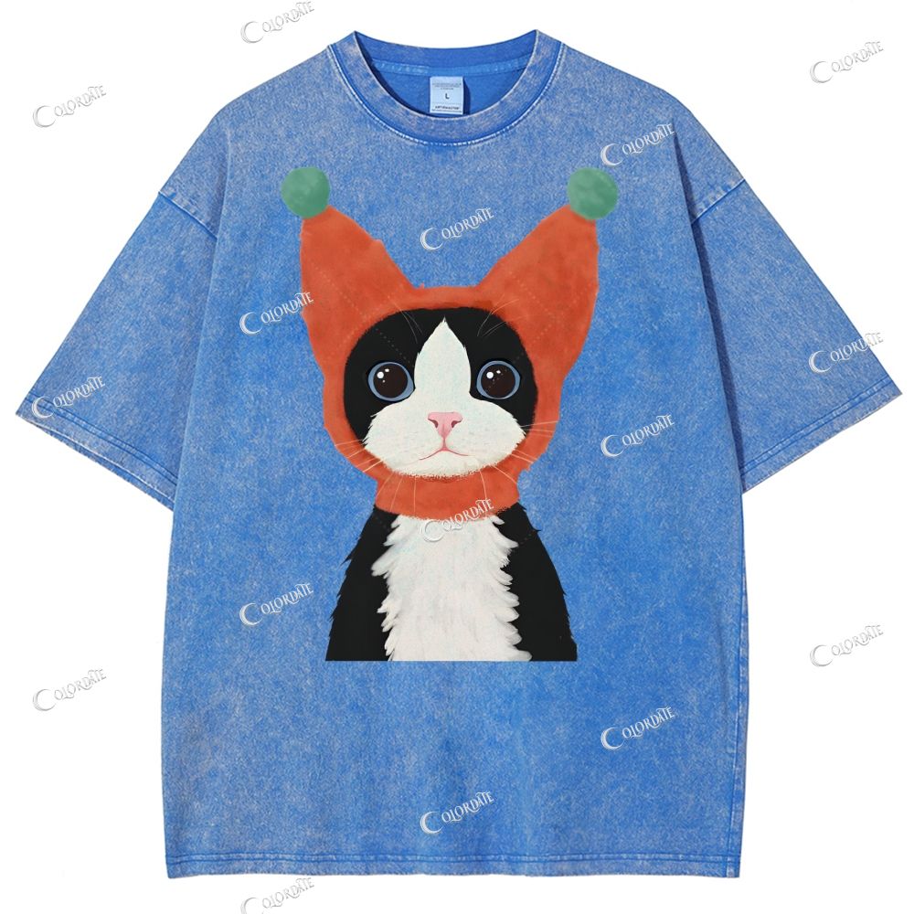 Unisex  Cute Cat Printed Washed Tee