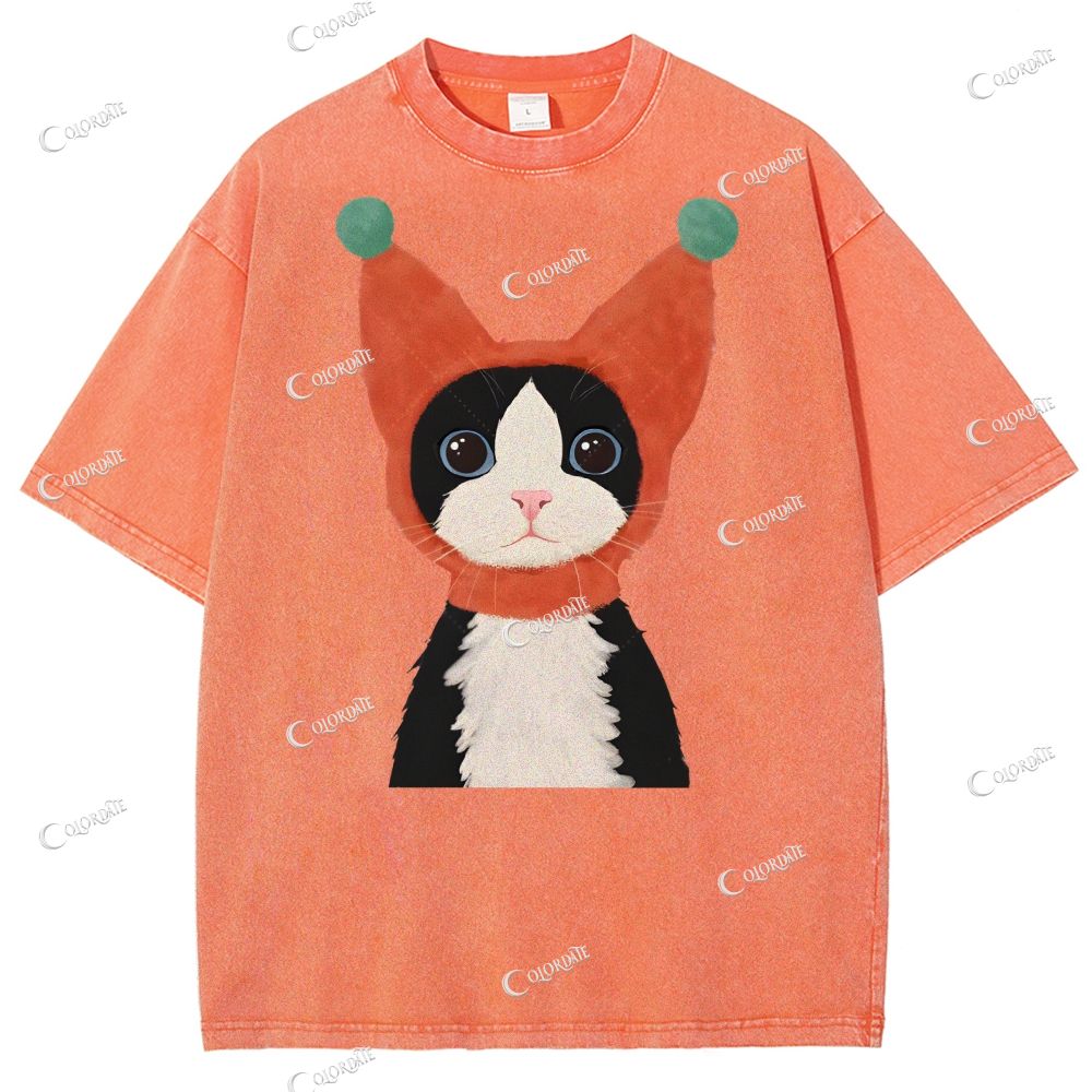 Unisex  Cute Cat Printed Washed Tee