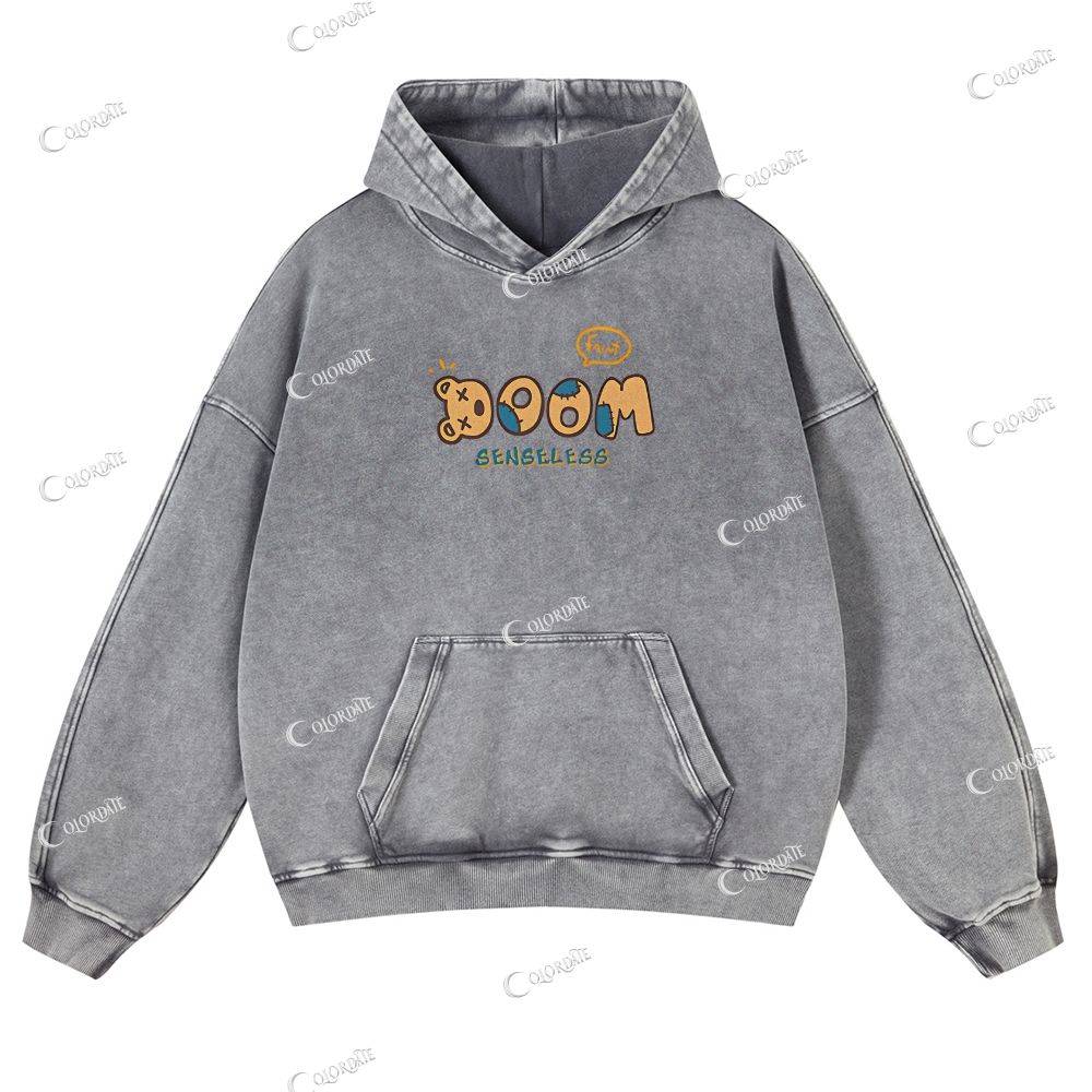 Bear Print Casual Washed Hoodie