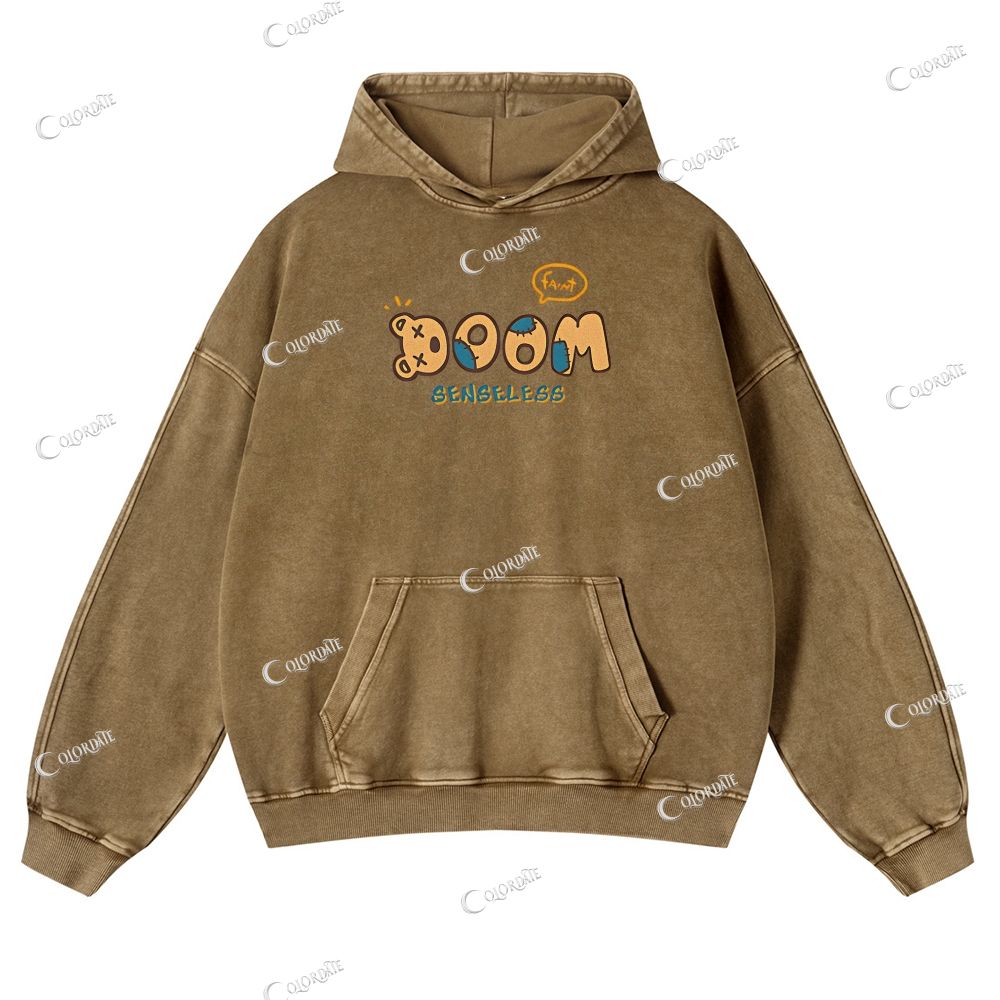 Bear Print Casual Washed Hoodie