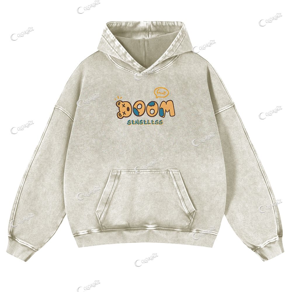 Bear Print Casual Washed Hoodie
