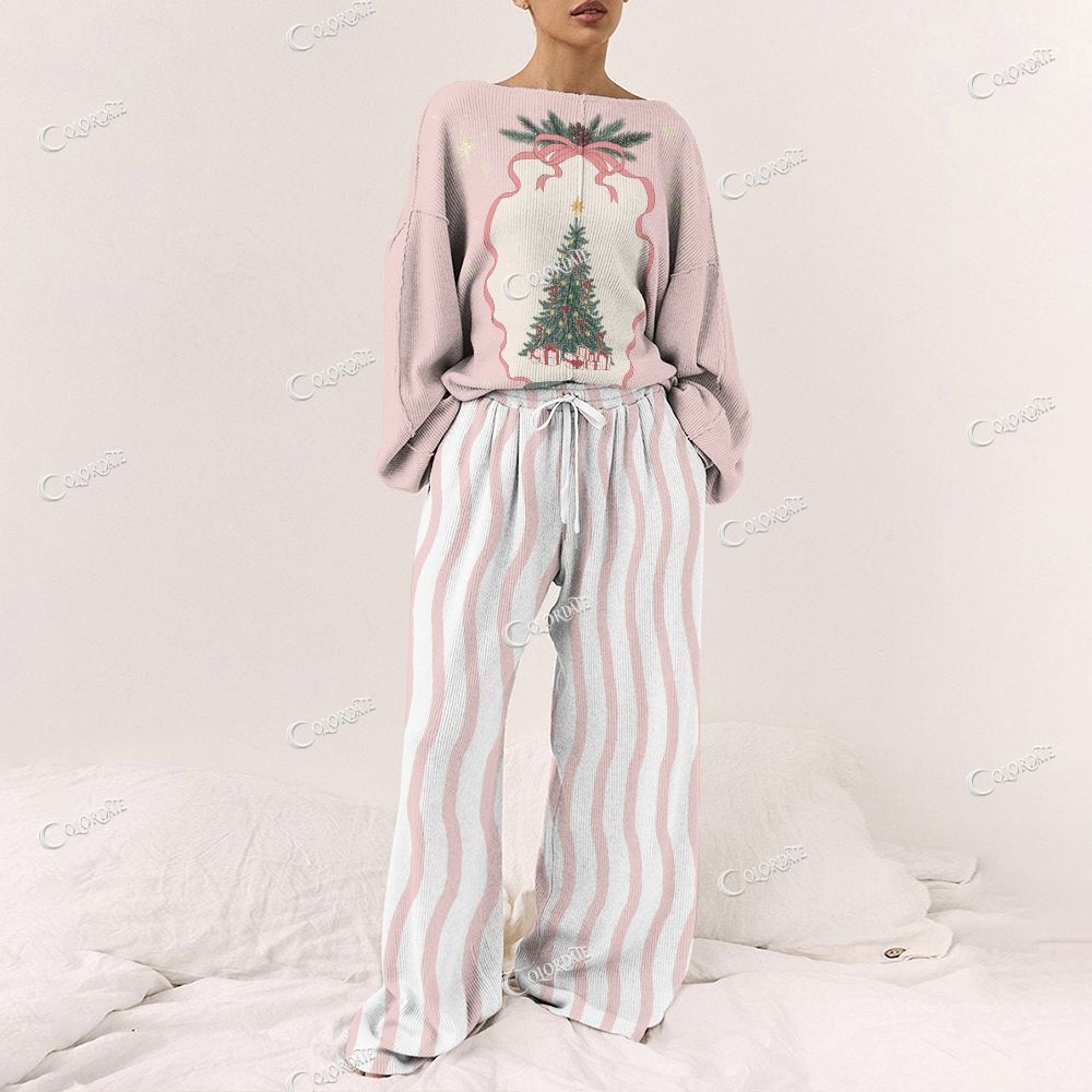 Colordate Women's Christmas Tree Print Long Sleeve Pajama Set