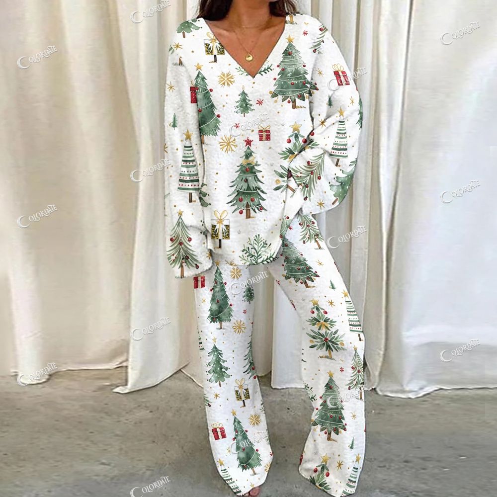 Colordate Christmas Tree Print Loungewear Set For Women