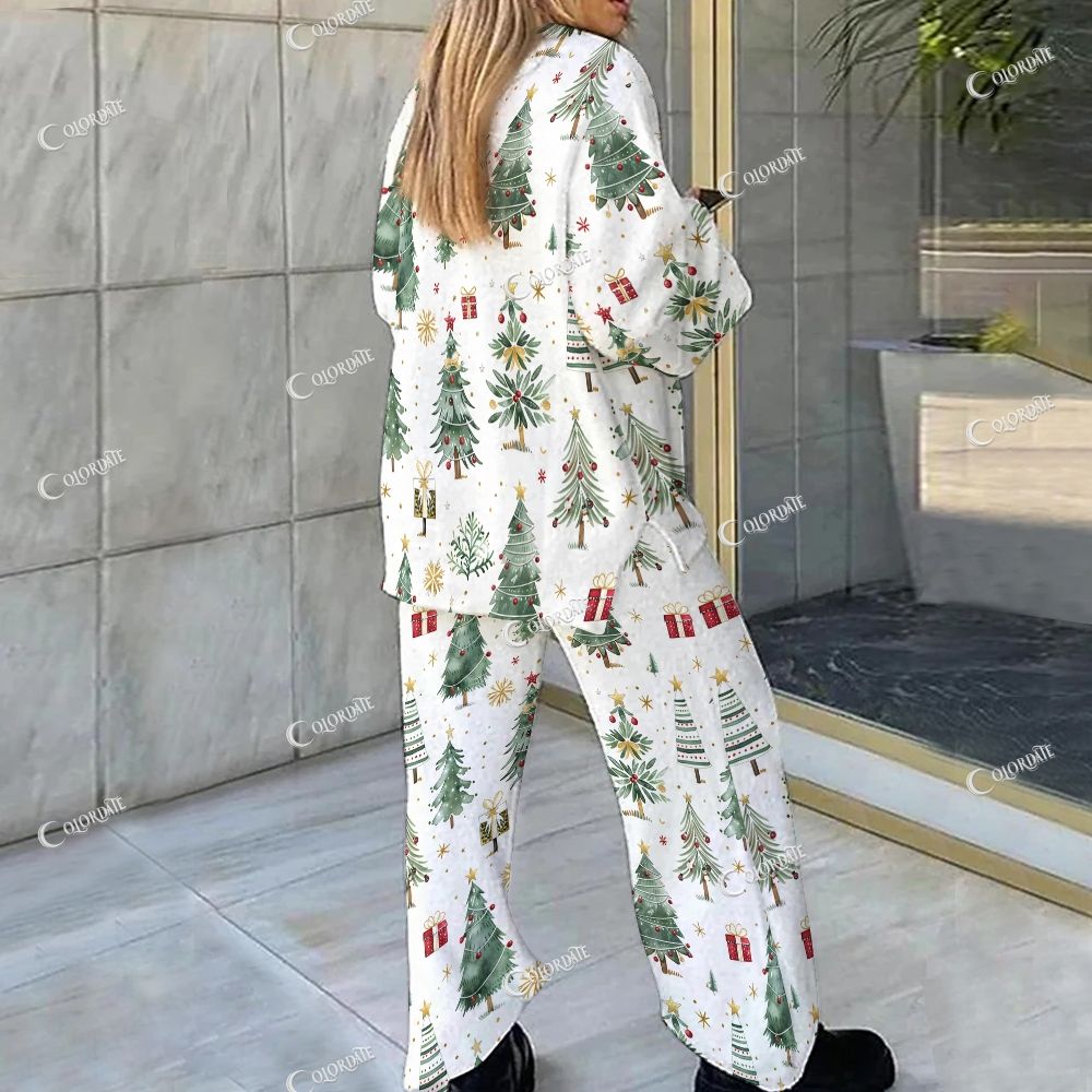 Colordate Christmas Tree Print Loungewear Set For Women