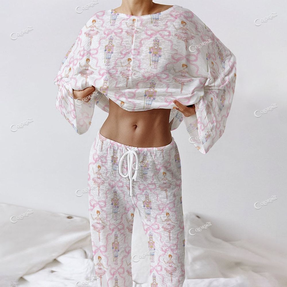 Colordate Women's Nutcracker Print Long Sleeve Cotton Homewear Set