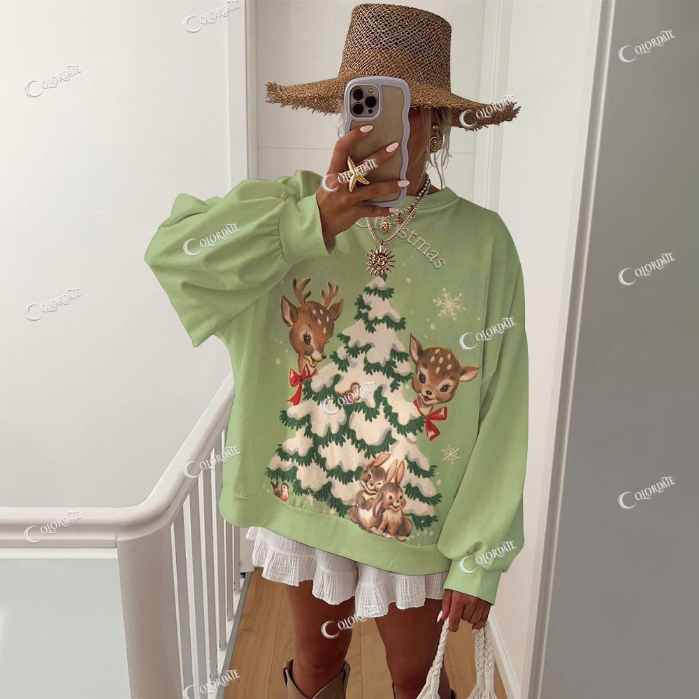 Colordate Women's Christmas Tree Print Casual Crew Neck Sweatshirt