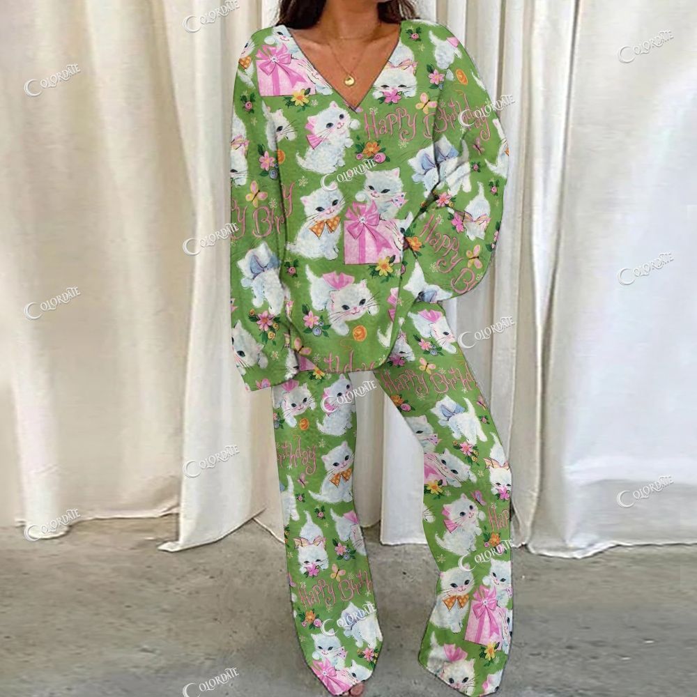 Colordate Cute Cat Print Loungewear Set For Women