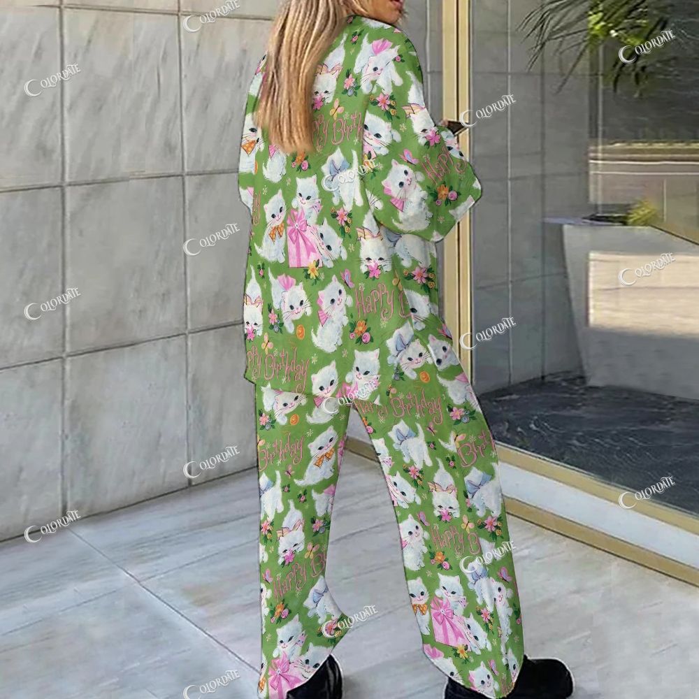 Colordate Cute Cat Print Loungewear Set For Women