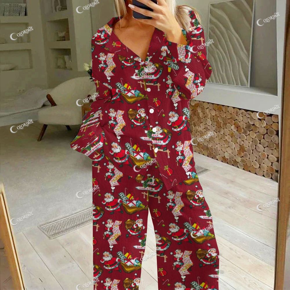 Colordate Women's Santa Claus Print Cardigan Homewear Set