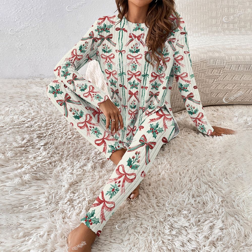 Colordate Women's Bow And Holly Print Long Sleeve Suit