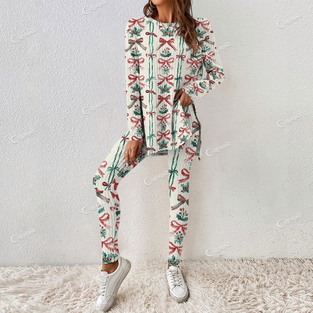 Colordate Women's Bow And Holly Print Long Sleeve Suit