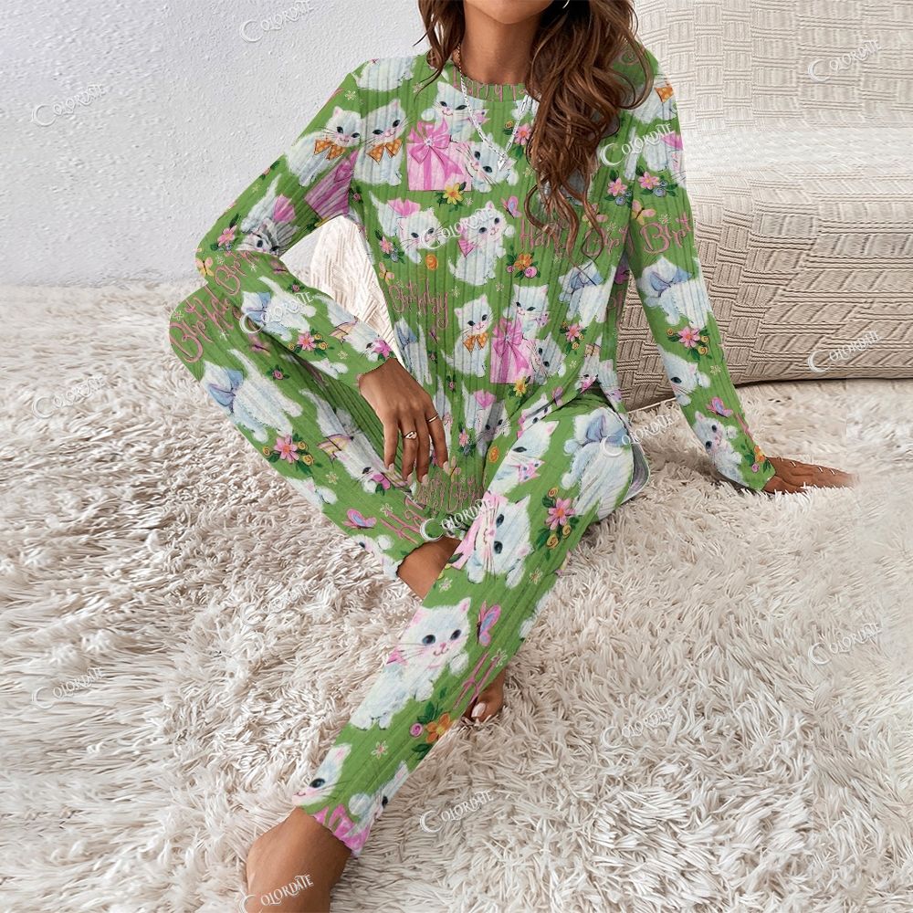 Colordate Women's Cute Cat Print Long Sleeve Suit