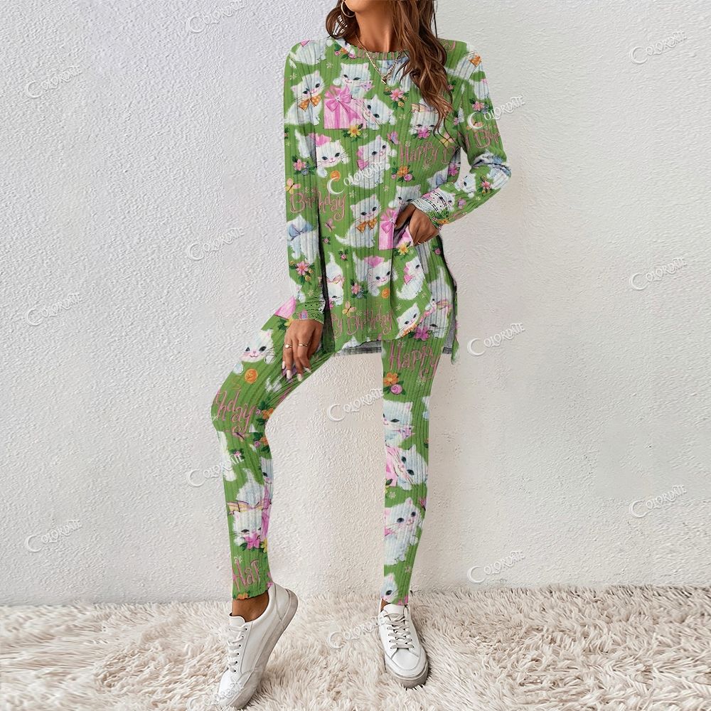 Colordate Women's Cute Cat Print Long Sleeve Suit